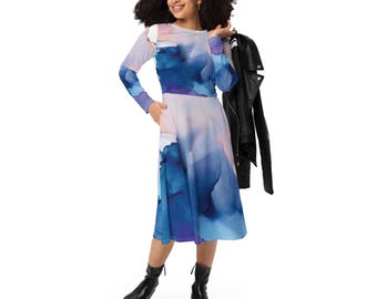 Chique midi-jurk met mozaïekpatroon - lente-/zomersfeer | Midi-jurk met lange mouwen en all-overprint