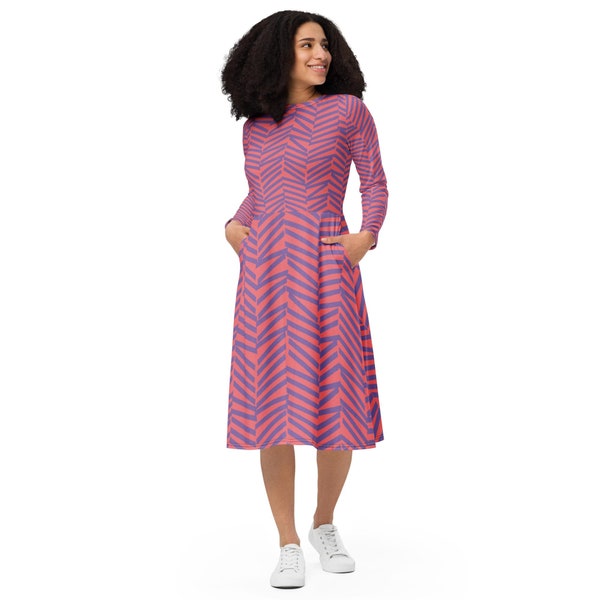 Women's Summer dress, long sleeve midi dress with Pockets, Geometric Pattern Long dress, Hopbush and Lavender midi dress,