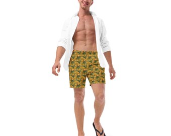 May include: A person wearing a white button-down shirt and yellow and green patterned swim trunks. The trunks have a floral design.