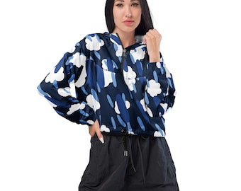 Blue and White Cropped Windbreaker for Women, Lightweight Hoodie Perfect for Adventures | Women’s cropped windbreaker