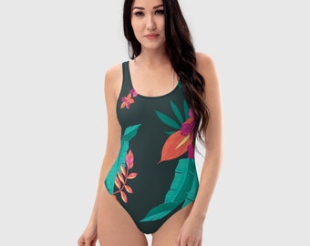 One-Piece Swimsuit,  Peacock blue and pink swimsuit, Floral swimwear, beautiful beach dress