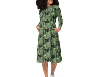 Boho Olive Green Midi Dress with Enchanting Blooms - Long Sleeve Print