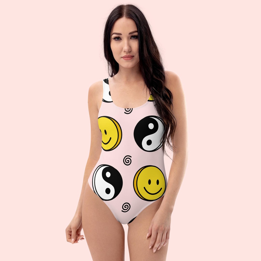 Graffiti Happy Emoji Print One Piece Swimsuite