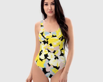 Einteiliger Badeanzug, Floraler Sommerbadeanzug, Gelbe und schwarze Blumenmusterbadebekleidung, schönes Strandkleid