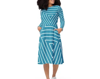 All-over print long-sleeve midi dress, Geometric pattern midi dress, Sky blue and white women's Clothes, Cocktail Party Dresses