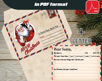 Christmas letter for Santa Claus and Envelope for Santa in grunge style in PDF format, Happy New Year, Merry Christmas, Santa Claus