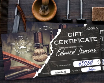 Gift certificate to a barbershop, editable gift certificate to a barbershop, discount certificate to a Barbershop, Barbershop discount flyer