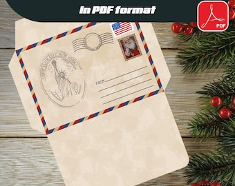 Customizable personalized Christmas envelope for Santa Claus in grunge style in PDF format, Happy New Year, Merry Christmas, Santa Claus