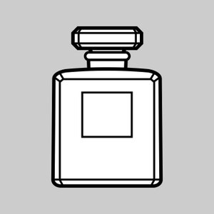 May include: A black and white line drawing of a perfume bottle with a square-shaped body and a rectangular label.