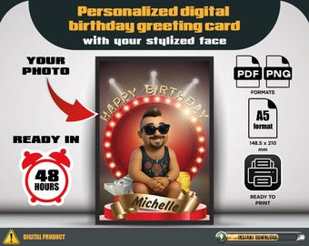 Personalized digital stylish friend birthday card with his stylized photo and name on static background in A5 size, birthday greeting card