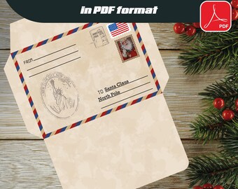 Customizable personalized Christmas envelope for Santa Claus in grunge style in PDF format, Happy New Year, Merry Christmas, Santa Claus