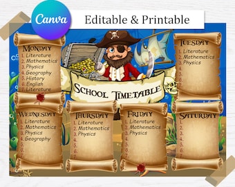 Editable school timetable for kids, pirate school timetable, printable school timetable, primary school timetable, class timetable