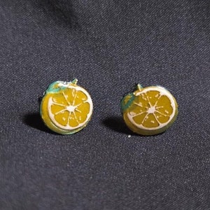 Hand-Painted Orange Fruit Stud Earrings - 13mm x 14mm, Plastic and Resin, Summer Fashion, Unique Handmade Citrus Jewelry