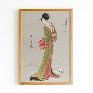 Fine Art Ukiyo-e Geisha in green and orange