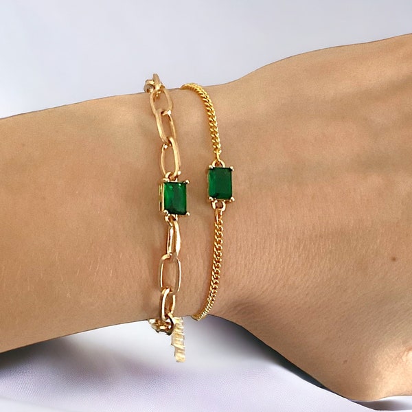 Emerald green gold plated bracelet, Emerald jewellery, Emerald bracelet gold, Emerald bracelet for women,18K gold bracelet,14K gold bracelet