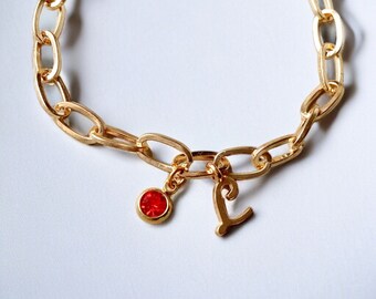 Name bracelet with birthstone and zodiac, chain link bracelet, hypoallergenic,gold bracelet,12 zodiac bracelet,august birthstone bracelet