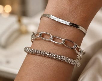 Silver snake bracelet stack, herringbone bracelet,paper clip bracelet,stainless steel bracelet,layering bracelet, silver bracelet stack