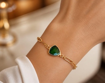 Emerald green gold plated bracelet, Emerald jewellery, Emerald bracelet gold, Emerald bracelet for women,18K gold bracelet,gold bracelet