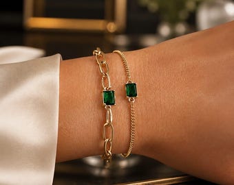 Emerald green gold plated bracelet, Emerald jewellery, Emerald bracelet gold, Emerald bracelet for women,18K gold bracelet,14K gold bracelet