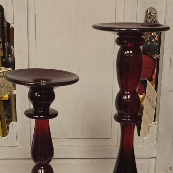 Tall Vintage Ruby Red Pottery Barn Candlestick Holders -HEAVY Glass