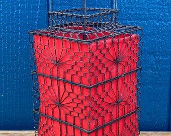 Vintage Chinese Wire Lantern Rectangle Hand Wrought RED MESH