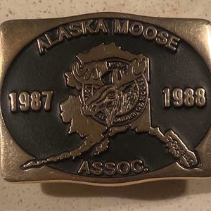 Loyal Order Of Moose Solid Brass Belt Buckle, Alaska Moose Assoc. 1988 Anacortes Brass Works