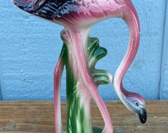 Vintage, mid-century Art Deco Style Pink Flamingo Ceramic Figurine 8.5”