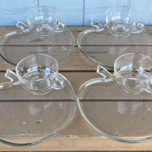 1950’s Hazel Atlas Orchard Snack Set Of 4 Clear Glass Apple Luncheon Plates/Cups Vintage Hazel Atlas Apple Snack Plate Teacup Set