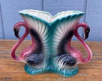 Vintage Maddux of California Pottery Double Pink Flamingo Planter Vase 5&quot;