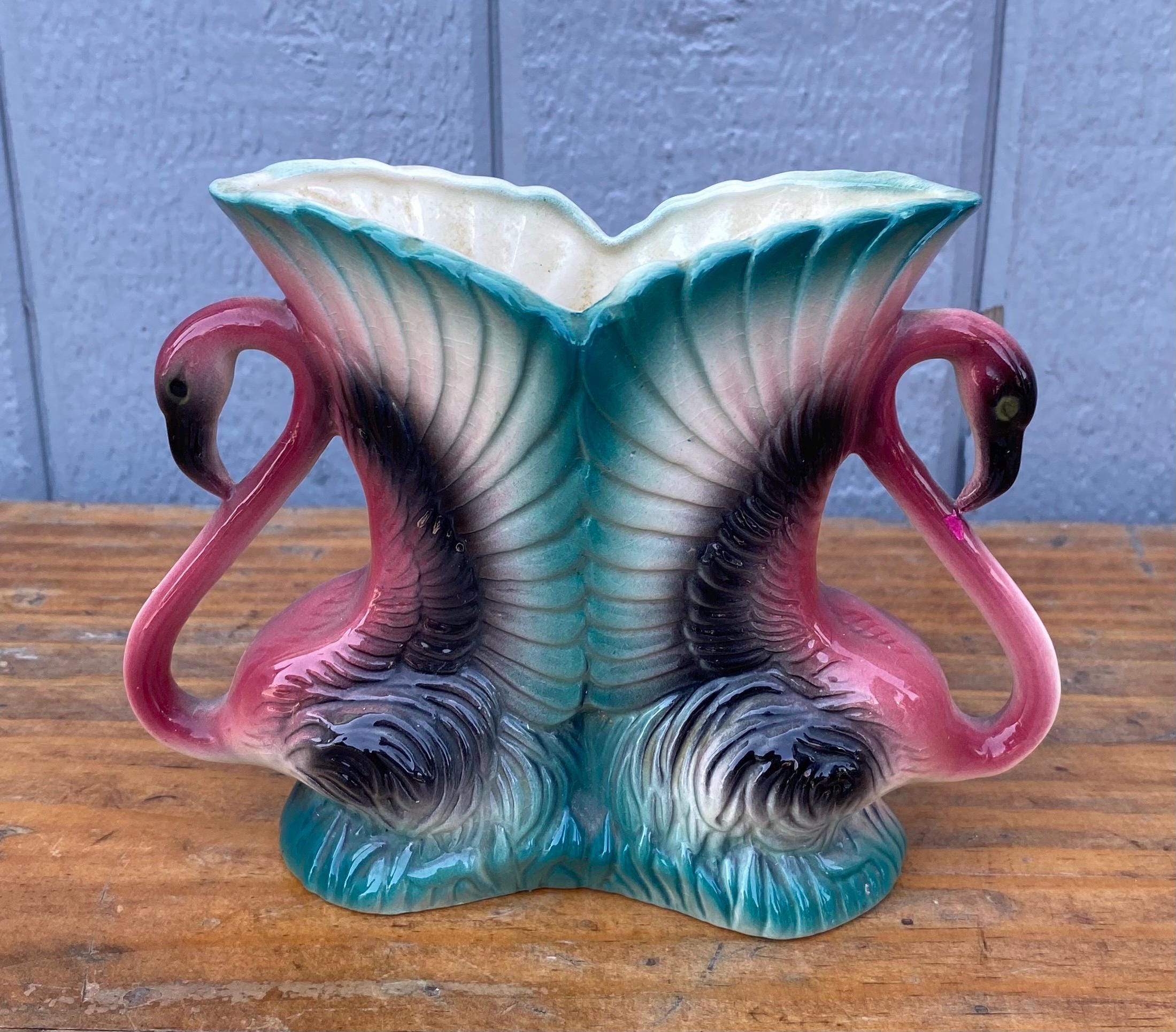 Vintage Maddux of California Pottery Double Pink Flamingo Planter Vase 5"