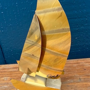 MCM Demott Brutalist Signed Brass On Onyx Sailboat Ship Art Sculpture, Nautical