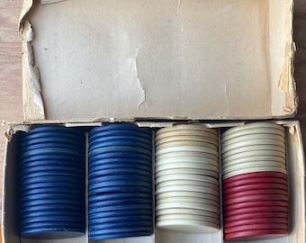 FICHES DA POKER IN BACCELITE ART DÉCO ANTICO ~ 77 FICHES IN SCATOLA ORIGINALE