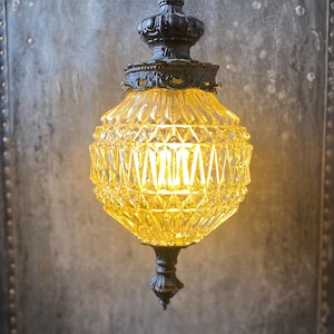 MCM Clear Cut Crystal Globe Pendant Swag Hanging Light Fixture, Hollywood Regency