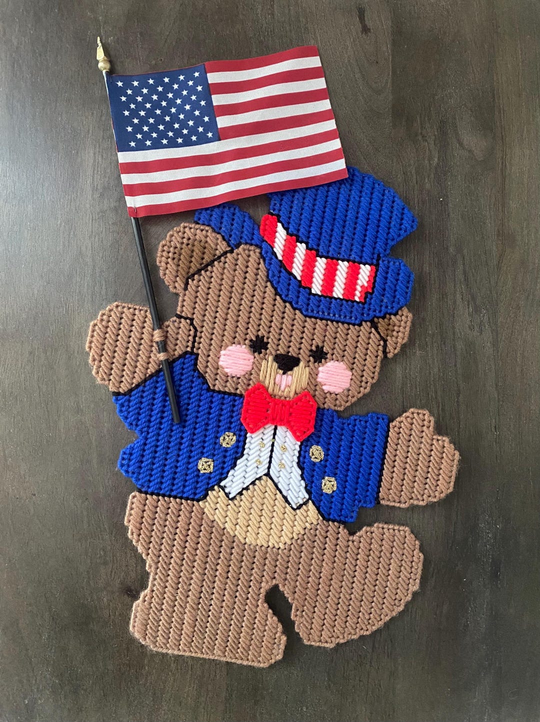 FINISHED Plastic Canvas Needle Craft PATRIOTIC BEAR W Flag 4th of July ...