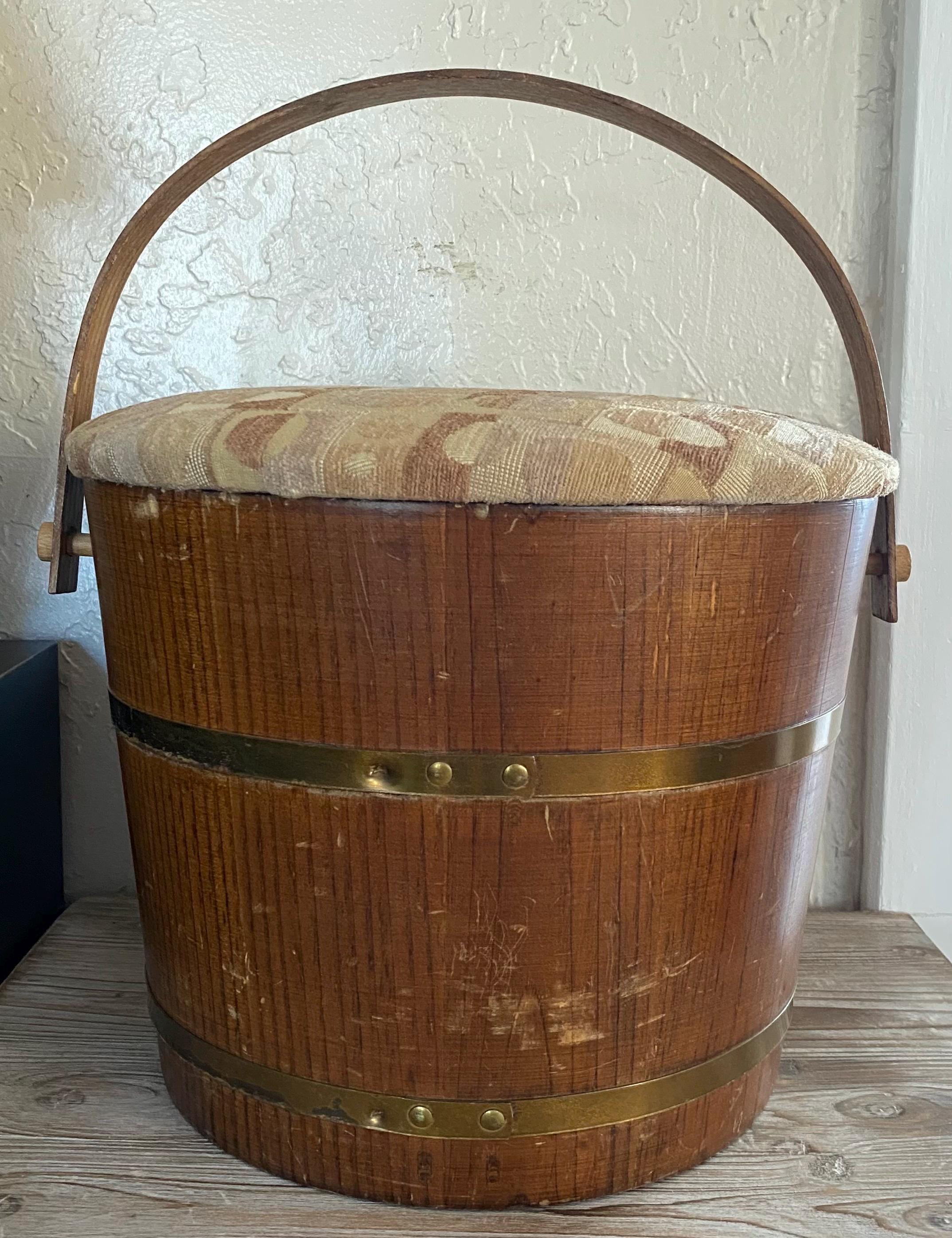 Antique Primitive Wooden Firkin Bucket Bentwood Handle Fabric Cushioned ...