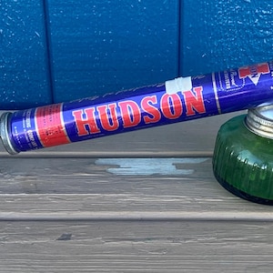 1950’s Hudson Duster Pesticide Bug Sprayer w/ Green Depression Glass Canister Pest Duster, mid century