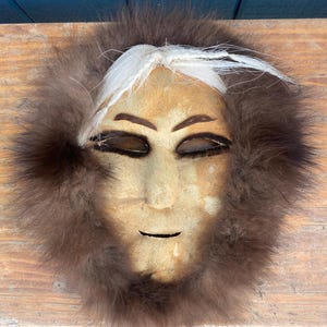 Alaskan Eskimo Inuit Caribou Fox Fur Mask, Alaska Native Art Mask