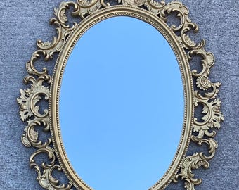 Mid Century BURWOOD Gold Hollywood Regency Oval Scroll Filigree Syroco Mirror