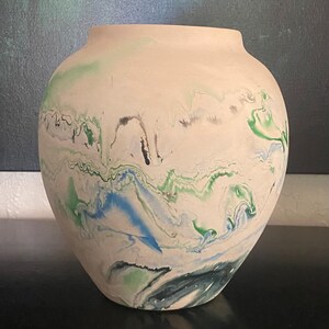 Nemadji Indian Pottery - Studio Art Clay Pottery Vase Black Blue Green Swirl  8"