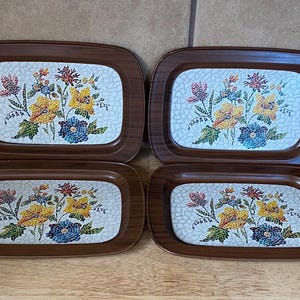 Set Of 4 Mid Century Weibro Woodgrain Textured/Floral Mosaic Metal Serving Mini Trays