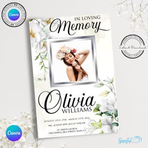 May include: A memorial card with the words "In Loving Memory" at the top. The card features a photo of a woman wearing a floral crown. The name "Olivia Williams" is displayed below the photo, along with dates and location details.