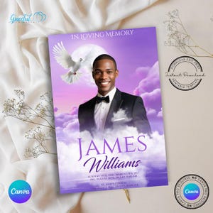 May include: Purple and white memorial card with a photo of a man in a tuxedo. The text "In Loving Memory" is at the top of the card. The man's name, "JAMES Williams", is printed in large, bold letters. The text below the name includes the dates "August 15th, 1980 - March 11th, 2015" and "Fri, August 9th, 2013 at 10:00 AM". The text also includes the location "St. John's Church, 1234 Hill Street, Main, CA".