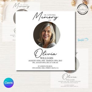 May include: A white memorial card with a black border and a photo of a woman. The text reads "In Loving Memory of Olivia Williams, August 15th, 1930 - March 13th, 2013, Fri., August 30th, 2013 at 10:00 AM, St. John's Church, 1500 Lindell Hill Street, Main, CA."