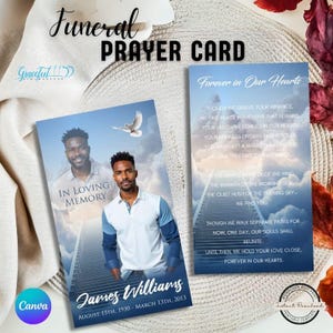 Tarjeta de oración para funeral / Recuerdo conmemorativo / Celebración de la vida / Plantilla editable de Canva / GR4P3X