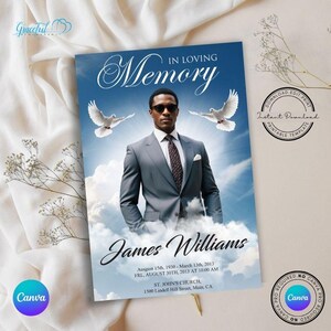 May include: A blue and white memorial card with a photo of a man in a suit and tie. The card reads "In Loving Memory" and includes the name "James Williams" along with dates of birth and death. The card also includes information about the funeral service.
