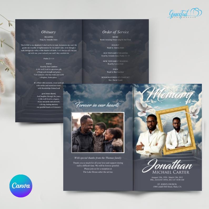 Skythemed 4page Funeral Program Template Bifold Memorial Brochure