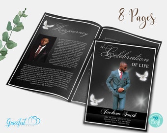 11&quot;x17&quot; and 8.5&quot;x11&quot;: Timeless Black & White 8 Page Funeral Program Template | Editable using Corjl | GRY9I3