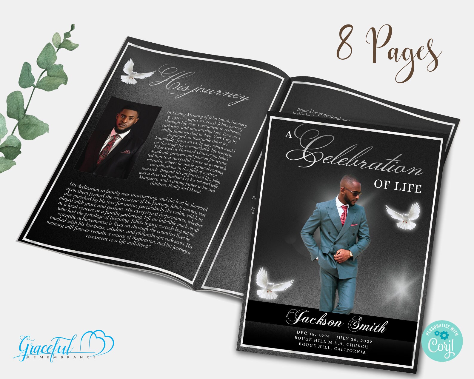 Timeless Black & White 8 Page Funeral Program Template Editable Using