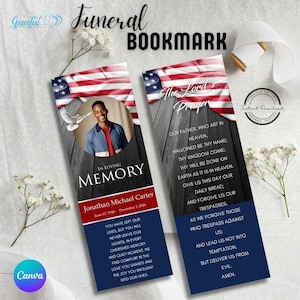 US Flag-Themed Funeral Bookmark | Memorial Keepsake | Celebration of Life | Editable Canva Template | GR6J3T