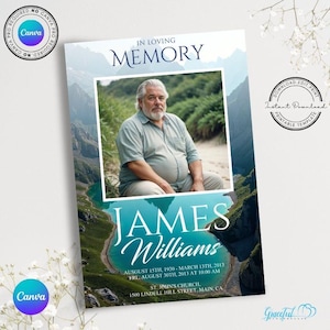 May include: A blue and green mountain landscape memorial card with a photo of a man in a light green shirt. The text reads "In Loving Memory James Williams August 15th, 1930 - March 13th, 2013 Fri, August 30th, 2013 at 10:00 AM St. John's Church, 1500 Lindell Hill Street, Main, CA".